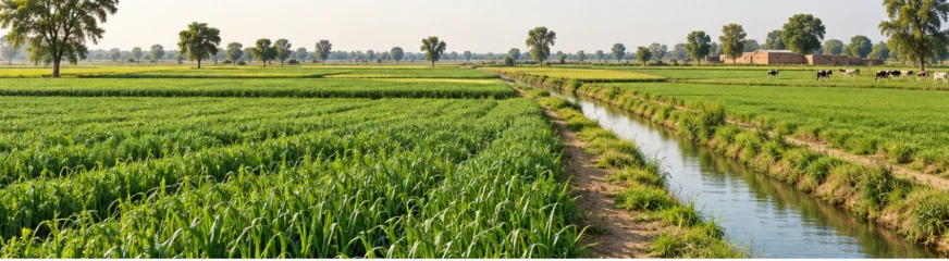 Green Punjab fields beside a water channel